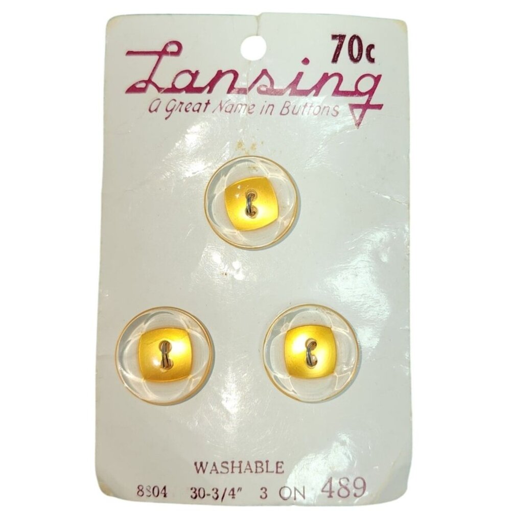 Vintage Lansing Unique Buttons Clear Yellow Gold Round Square 3 on Card Original